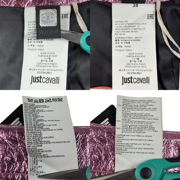 JUST CAVALLI METALLIC PINK LEATHER RIBBED HIGH WAIST MINI MOTO SKIRT - Picture 15 of 15